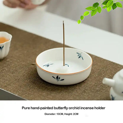 Pure Hand Painted Butterfly Orchid Art Ceramic Incense Holder - Zen Incense Stick Holder