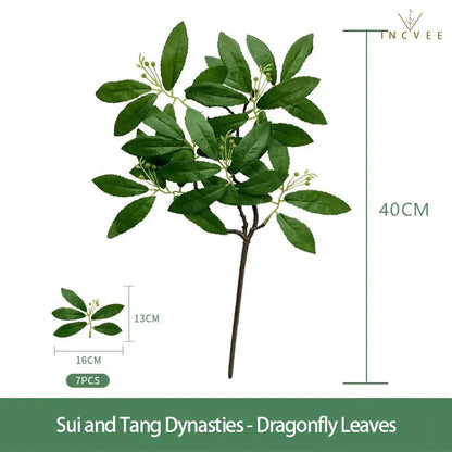 Realistische Bambus-, Weiden-, Pfirsich- und Libellenblätter – künstliches Grün im Zen-Oriental-Stil, lange und kurze Zweige