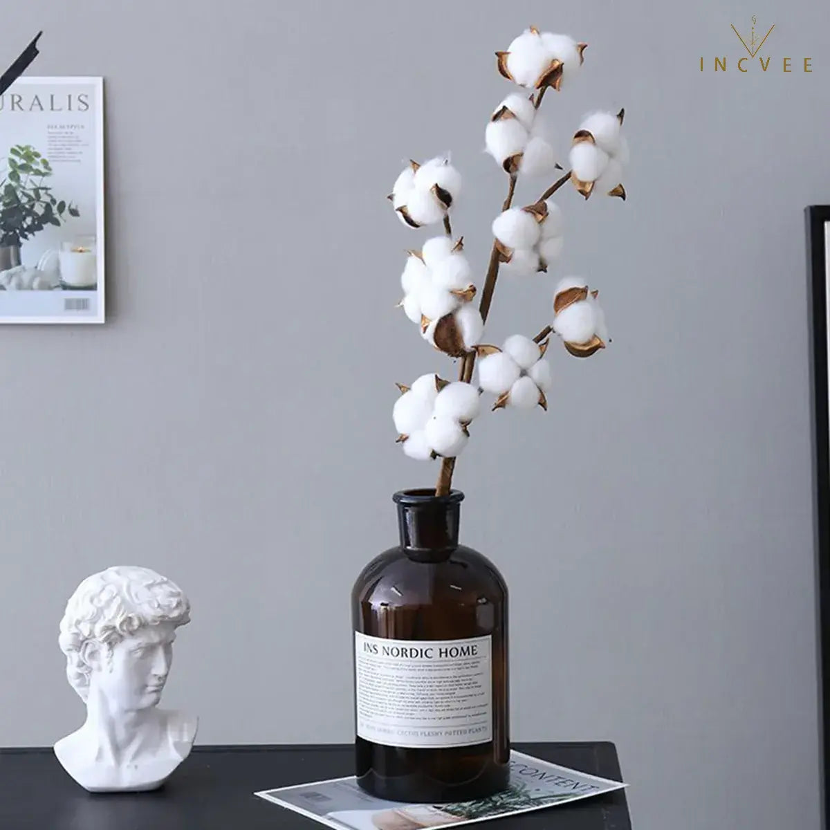Realistisch wirkender, künstlicher Baumwollstiel im Trockenblumen-Look – weiche, natürliche Kapseln, kunstvolles Dekor im traditionellen Stil, 10 Blütenköpfe / 53 cm Stiel