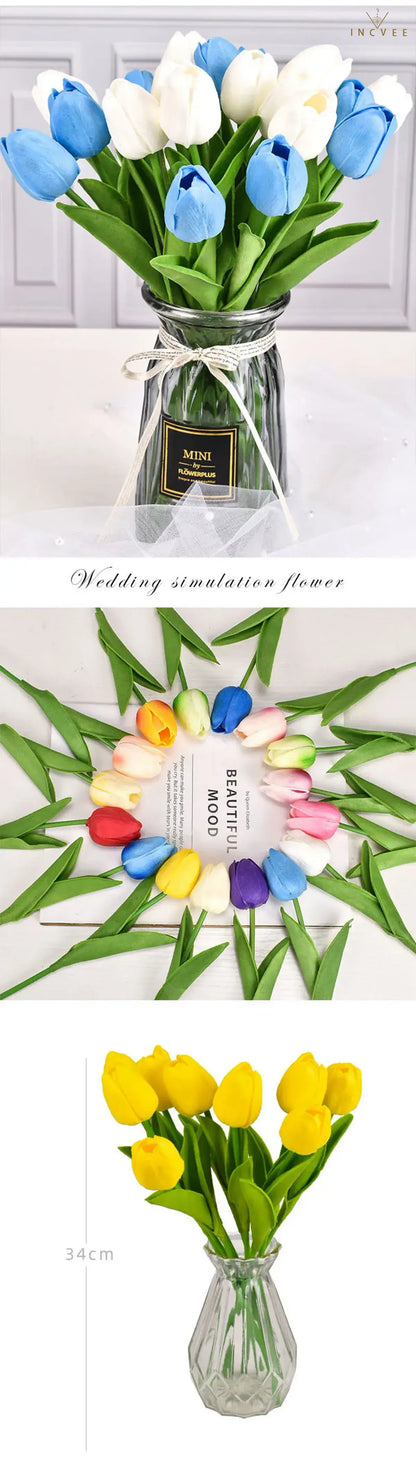 Bouquet de tulipes en soie effet naturel - Tiges florales artificielles réalistes, centre de table moderne, 3/5/10/20 pièces / Hauteur : 34 cm