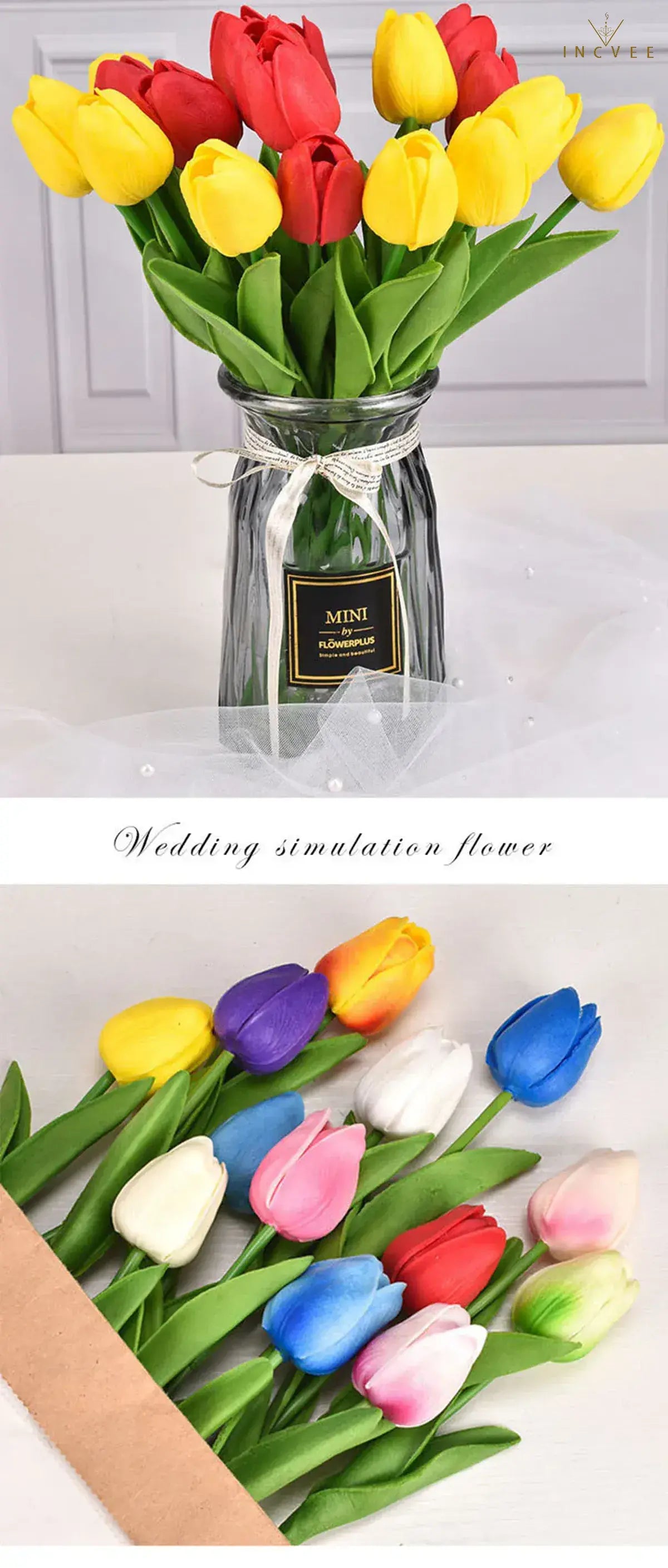 Bouquet de tulipes en soie effet naturel - Tiges florales artificielles réalistes, centre de table moderne, 3/5/10/20 pièces / Hauteur : 34 cm