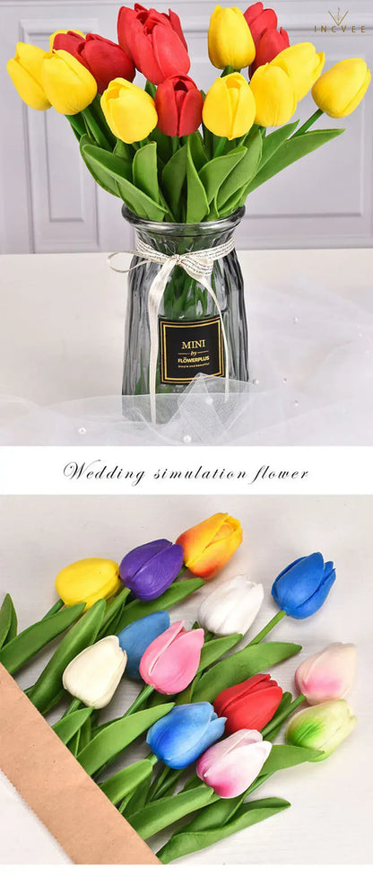 Bouquet de tulipes en soie effet naturel - Tiges florales artificielles réalistes, centre de table moderne, 3/5/10/20 pièces / Hauteur : 34 cm
