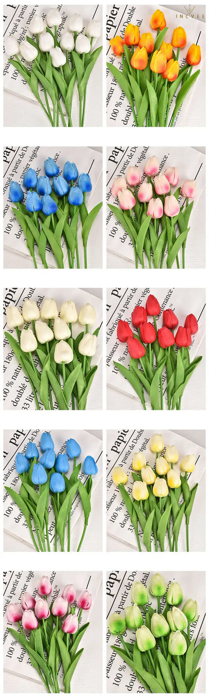 Bouquet de tulipes en soie effet naturel - Tiges florales artificielles réalistes, centre de table moderne, 3/5/10/20 pièces / Hauteur : 34 cm