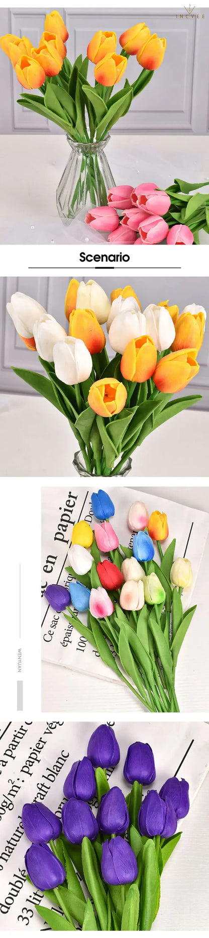 Bouquet de tulipes en soie effet naturel - Tiges florales artificielles réalistes, centre de table moderne, 3/5/10/20 pièces / Hauteur : 34 cm