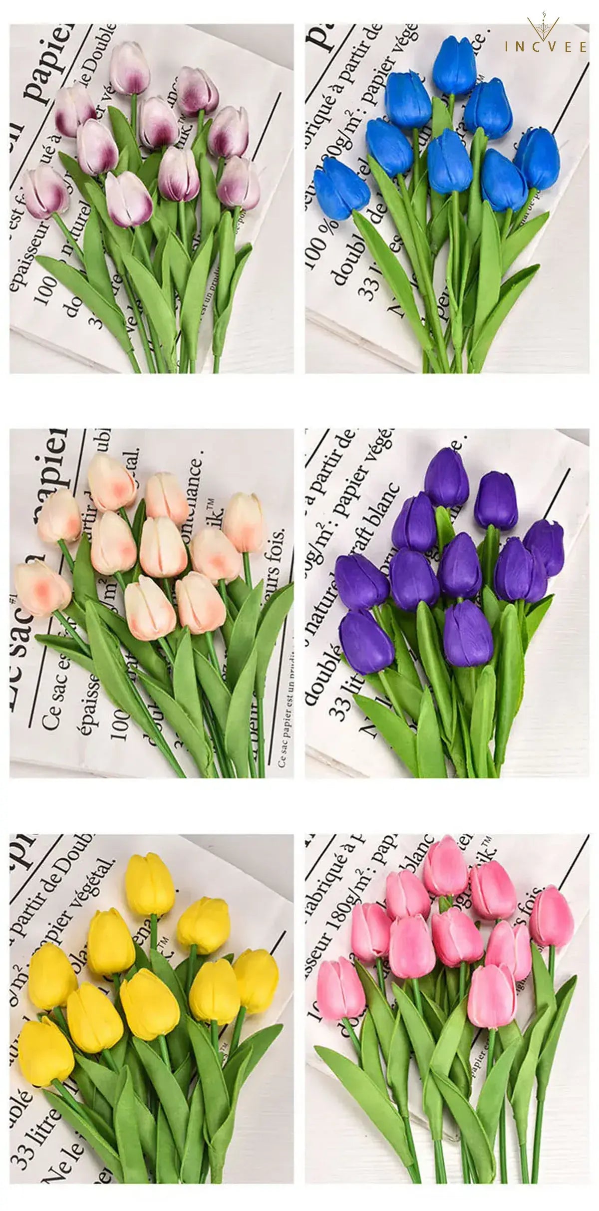 Bouquet de tulipes en soie effet naturel - Tiges florales artificielles réalistes, centre de table moderne, 3/5/10/20 pièces / Hauteur : 34 cm