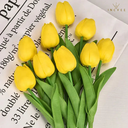 Bouquet de tulipes en soie effet naturel - Tiges florales artificielles réalistes, centre de table moderne, 3/5/10/20 pièces / Hauteur : 34 cm