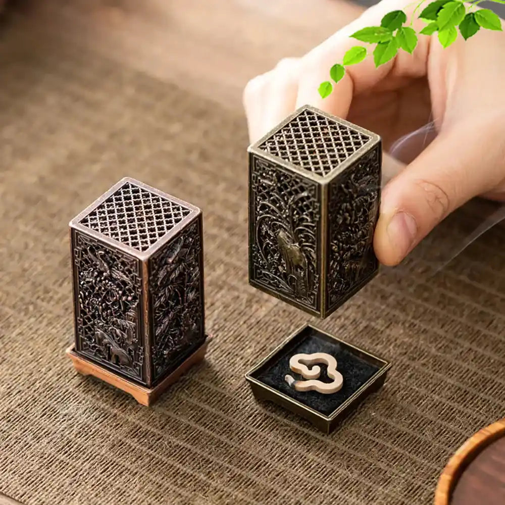 Alloy Square Vertical Incense Burner - Plum, Orchid, Bamboo, Mum Hollow Design