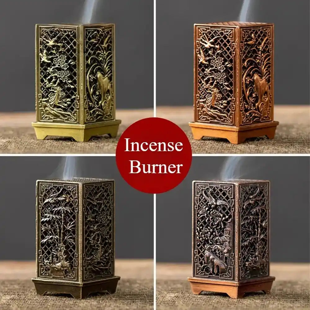 Alloy Square Vertical Incense Burner - Plum, Orchid, Bamboo, Mum Hollow Design