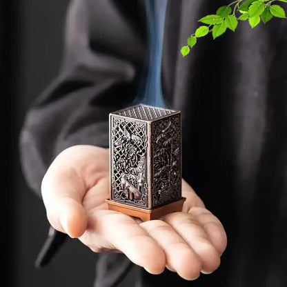 Alloy Square Vertical Incense Burner - Plum, Orchid, Bamboo, Mum Hollow Design