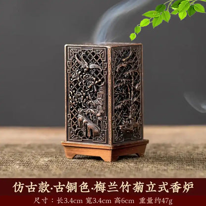 Alloy Square Vertical Incense Burner - Plum, Orchid, Bamboo, Mum Hollow Design