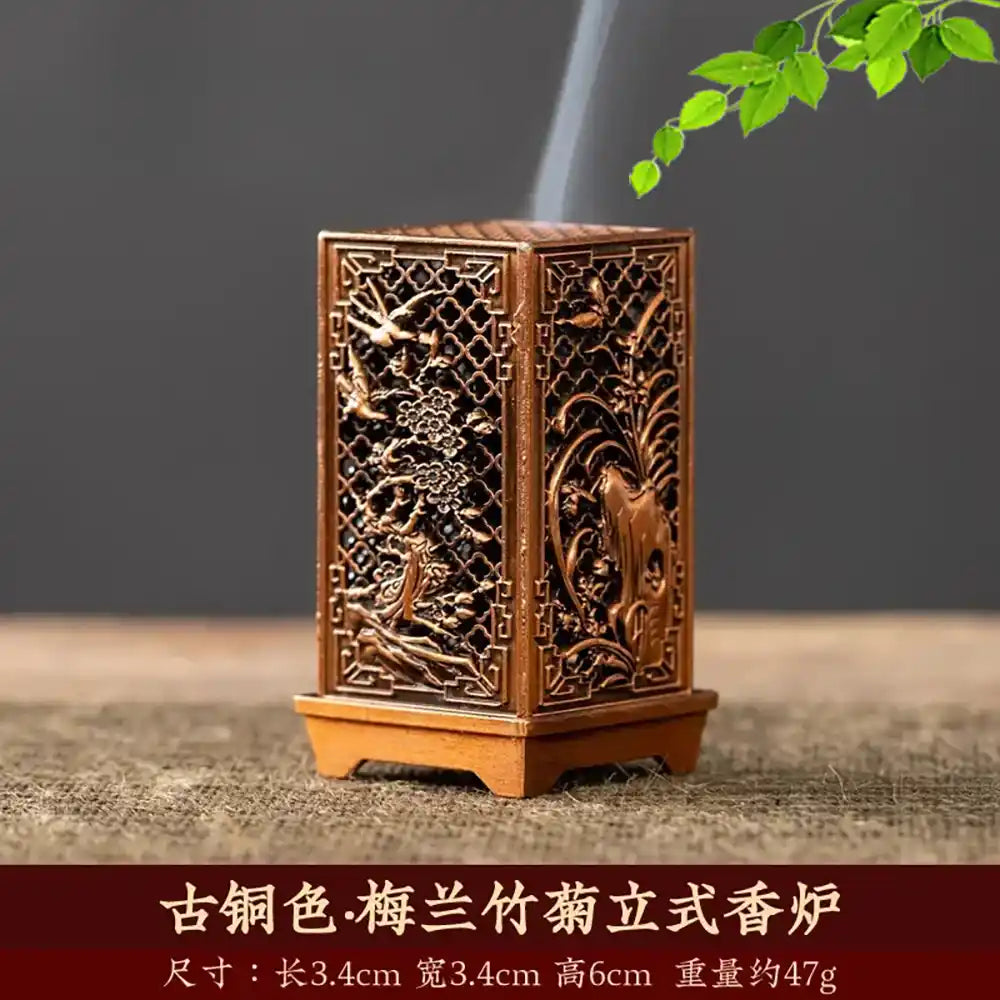 Alloy Square Vertical Incense Burner - Plum, Orchid, Bamboo, Mum Hollow Design