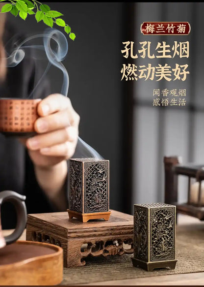 Alloy Square Vertical Incense Burner - Plum, Orchid, Bamboo, Mum Hollow Design