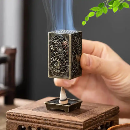 Alloy Square Vertical Incense Burner - Plum, Orchid, Bamboo, Mum Hollow Design