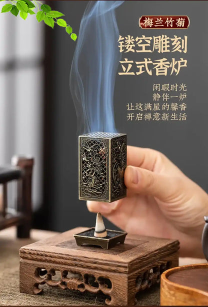 Alloy Square Vertical Incense Burner - Plum, Orchid, Bamboo, Mum Hollow Design