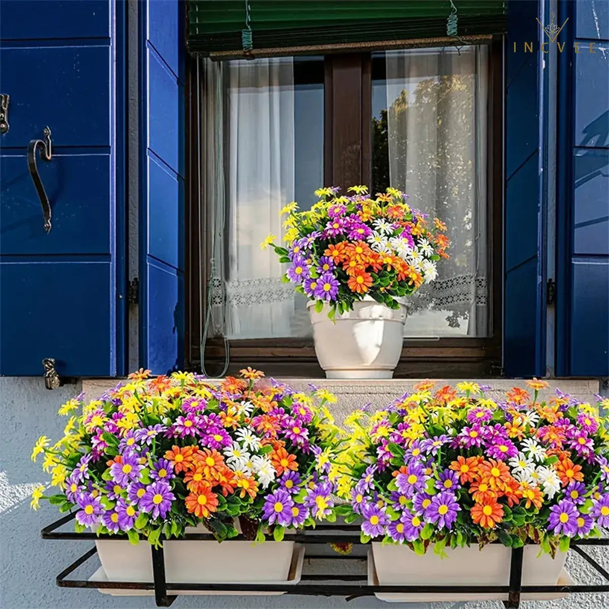 UV-beständiger künstlicher Gänseblümchenstrauß – wetterfeste Wildchrysantheme aus PE-Kunststoff, Außendekoration, 33 cm