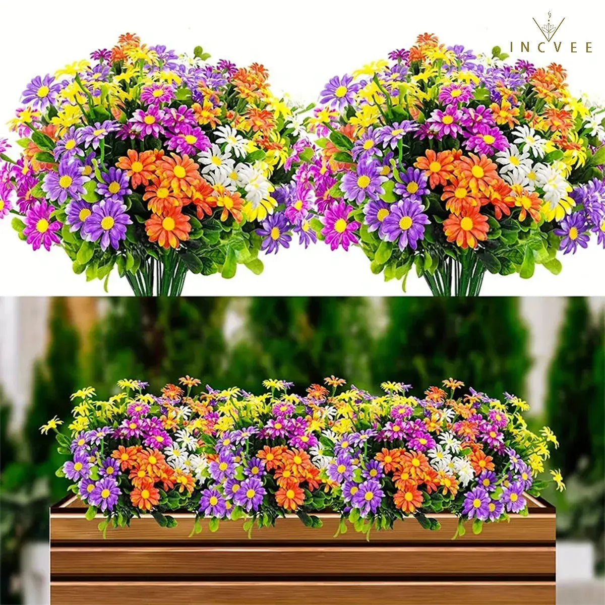 UV-beständiger künstlicher Gänseblümchenstrauß – wetterfeste Wildchrysantheme aus PE-Kunststoff, Außendekoration, 33 cm