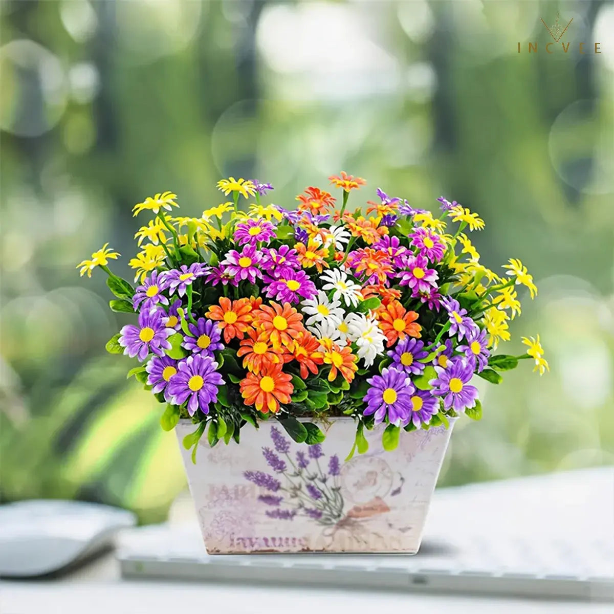 UV-beständiger künstlicher Gänseblümchenstrauß – wetterfeste Wildchrysantheme aus PE-Kunststoff, Außendekoration, 33 cm
