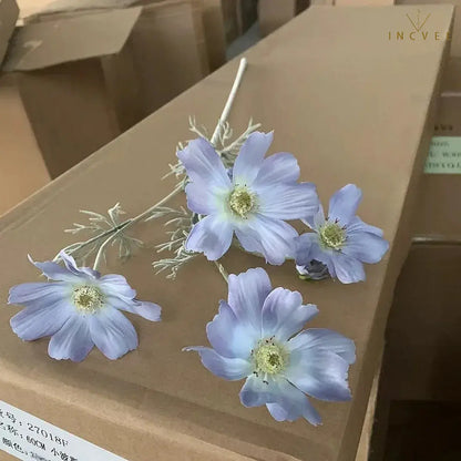 Velvet-Flocked Faux Chamomile - 4 Blooms & 2 Buds, Silk Tabletop Decor, 60cm Stem