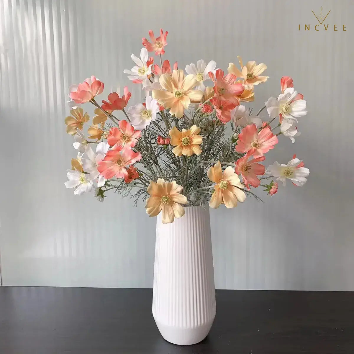 Velvet-Flocked Faux Chamomile - 4 Blooms & 2 Buds, Silk Tabletop Decor, 60cm Stem