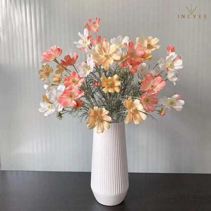 Velvet-Flocked Faux Chamomile - 4 Blooms & 2 Buds, Silk Tabletop Decor, 60cm Stem