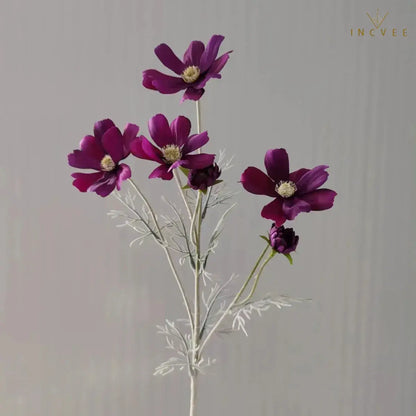 Velvet-Flocked Faux Chamomile - 4 Blooms & 2 Buds, Silk Tabletop Decor, 60cm Stem