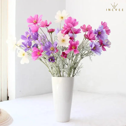 Velvet-Flocked Faux Chamomile - 4 Blooms & 2 Buds, Silk Tabletop Decor, 60cm Stem