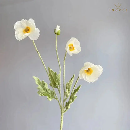 Velvet-Flocked Faux Poppy - 4-Branch Realistic Silk Blooms, Bendable Stem, 56cm, 24 Colors