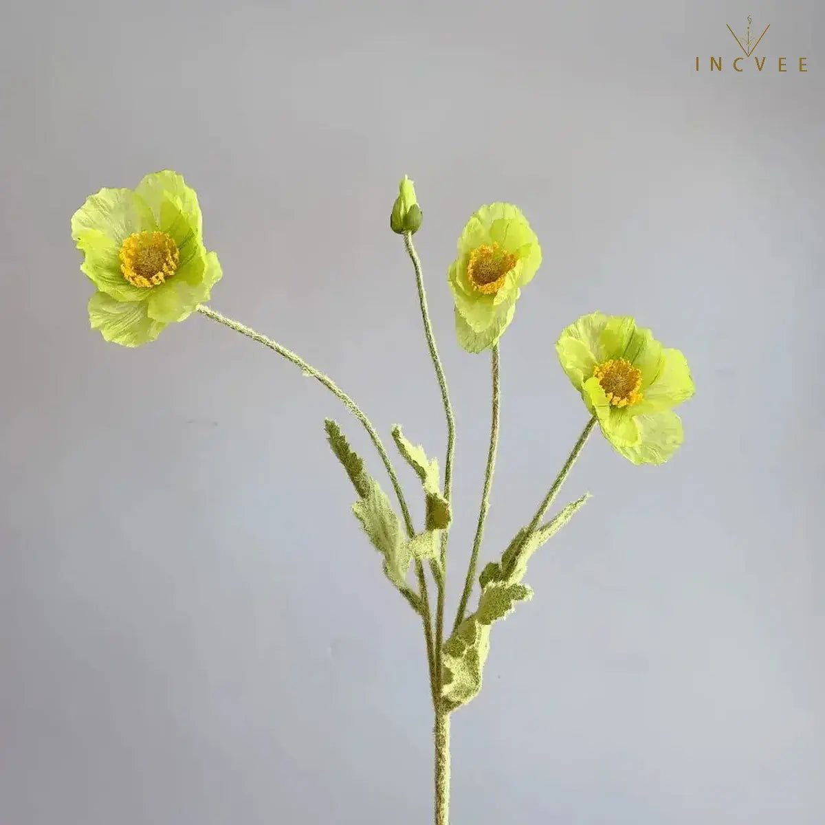 Velvet-Flocked Faux Poppy - 4-Branch Realistic Silk Blooms, Bendable Stem, 56cm, 24 Colors