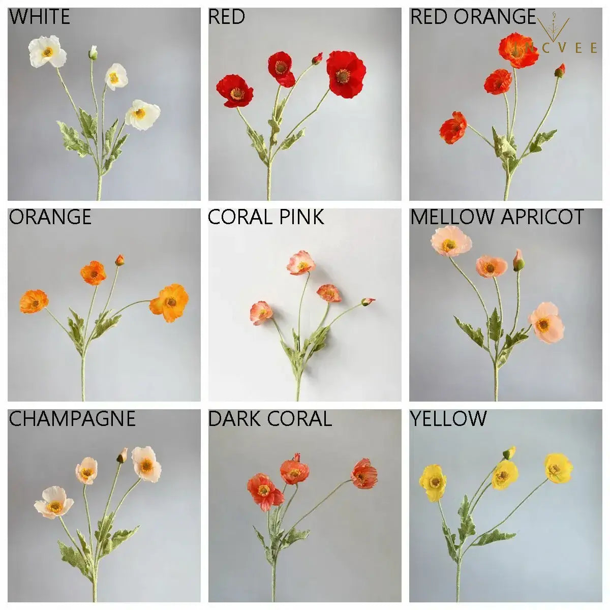 Velvet-Flocked Faux Poppy - 4-Branch Realistic Silk Blooms, Bendable Stem, 56cm, 24 Colors