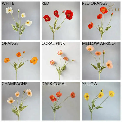 Velvet-Flocked Faux Poppy - 4-Branch Realistic Silk Blooms, Bendable Stem, 56cm, 24 Colors