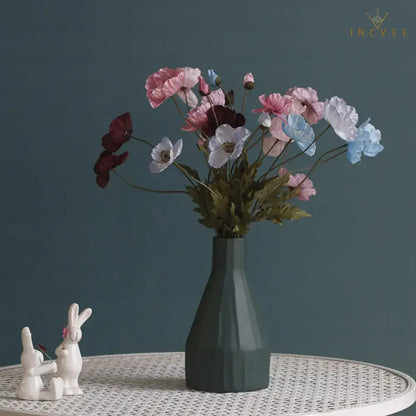 Velvet-Flocked Faux Poppy - 4-Branch Realistic Silk Blooms, Bendable Stem, 56cm, 24 Colors