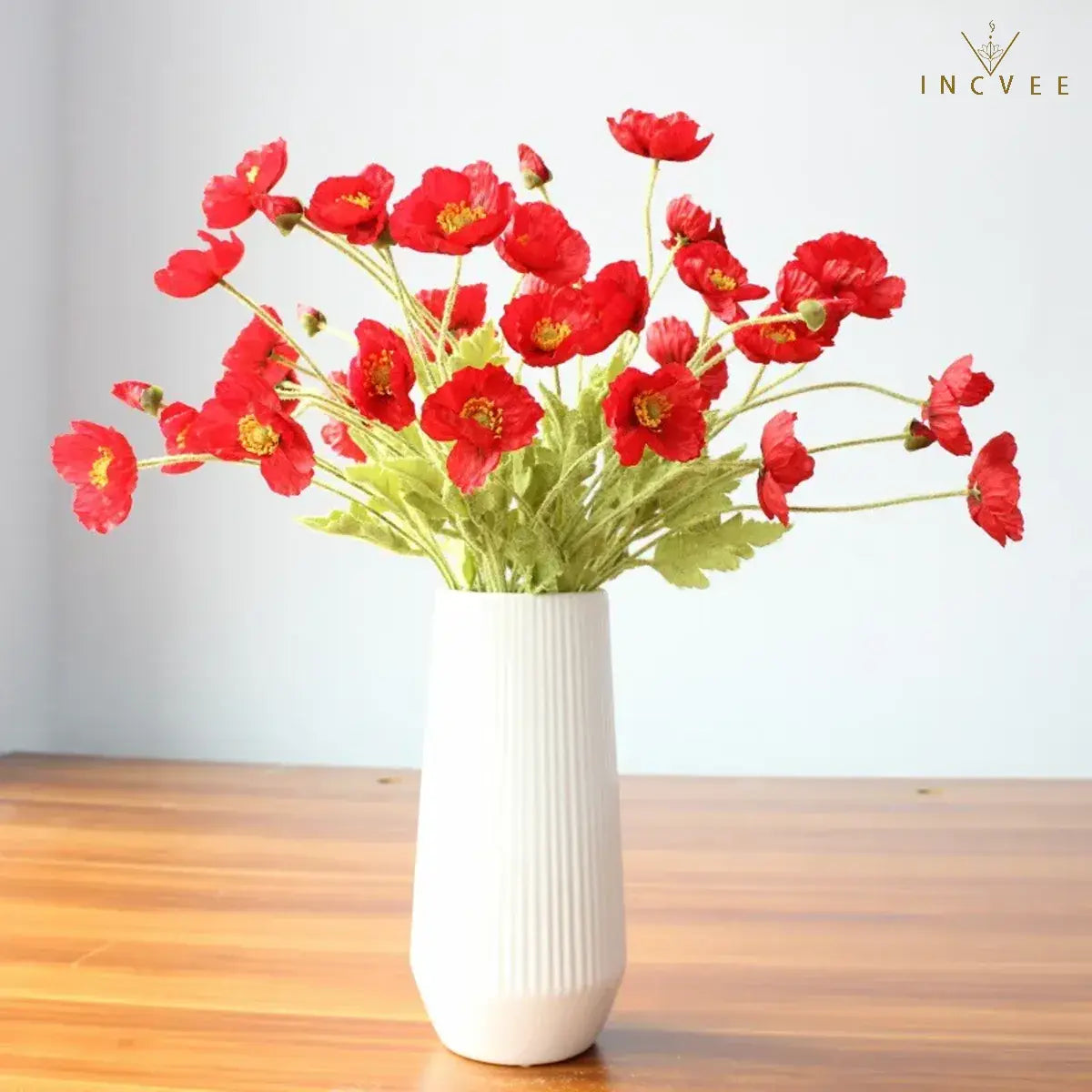 Velvet-Flocked Faux Poppy - 4-Branch Realistic Silk Blooms, Bendable Stem, 56cm, 24 Colors