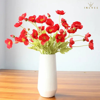Velvet-Flocked Faux Poppy - 4-Branch Realistic Silk Blooms, Bendable Stem, 56cm, 24 Colors