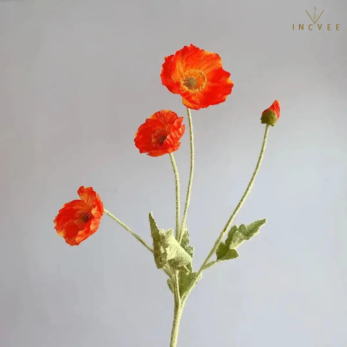 Velvet-Flocked Faux Poppy - 4-Branch Realistic Silk Blooms, Bendable Stem, 56cm, 24 Colors