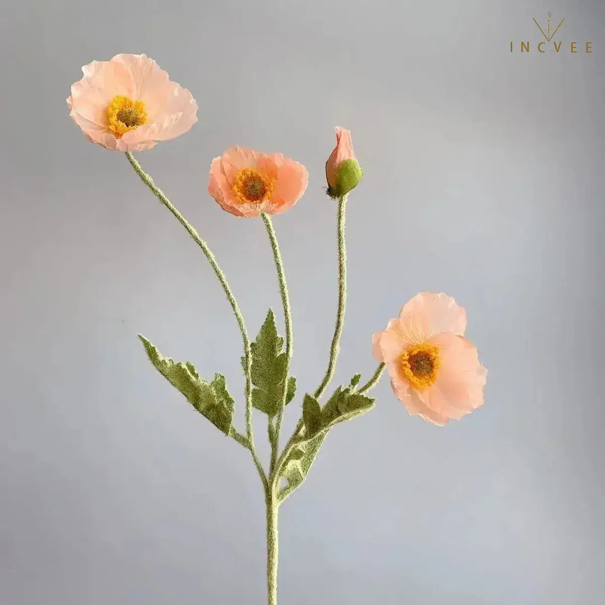 Velvet-Flocked Faux Poppy - 4-Branch Realistic Silk Blooms, Bendable Stem, 56cm, 24 Colors