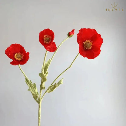 Velvet-Flocked Faux Poppy - 4-Branch Realistic Silk Blooms, Bendable Stem, 56cm, 24 Colors