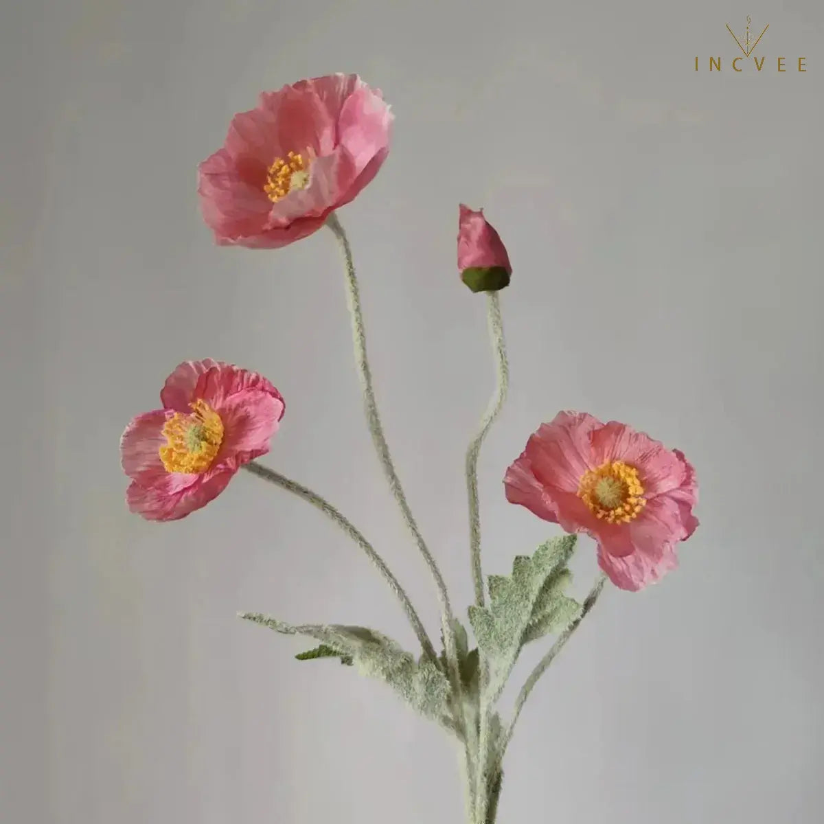 Velvet-Flocked Faux Poppy - 4-Branch Realistic Silk Blooms, Bendable Stem, 56cm, 24 Colors