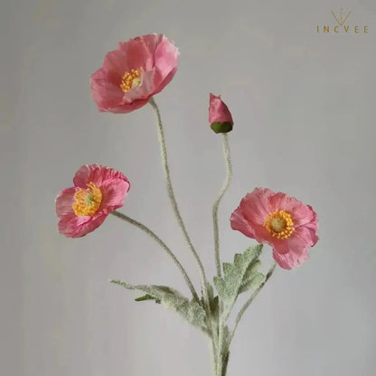 Velvet-Flocked Faux Poppy - 4-Branch Realistic Silk Blooms, Bendable Stem, 56cm, 24 Colors