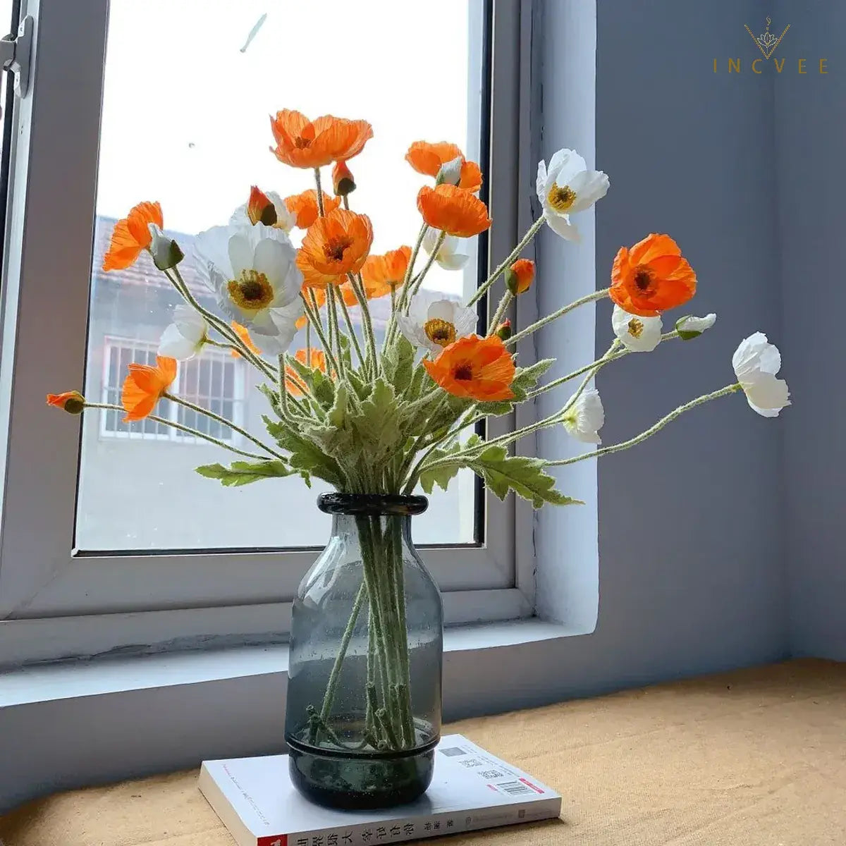 Velvet-Flocked Faux Poppy - 4-Branch Realistic Silk Blooms, Bendable Stem, 56cm, 24 Colors