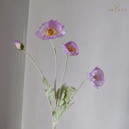 Velvet-Flocked Faux Poppy - 4-Branch Realistic Silk Blooms, Bendable Stem, 56cm, 24 Colors
