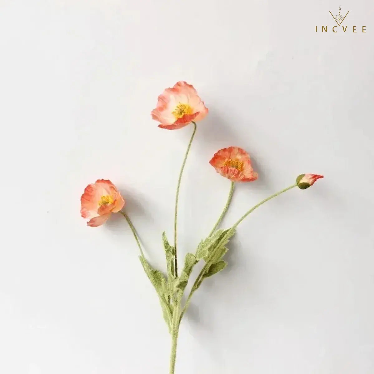 Velvet-Flocked Faux Poppy - 4-Branch Realistic Silk Blooms, Bendable Stem, 56cm, 24 Colors