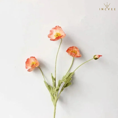 Velvet-Flocked Faux Poppy - 4-Branch Realistic Silk Blooms, Bendable Stem, 56cm, 24 Colors