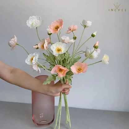 Velvet-Flocked Faux Poppy - 4-Branch Realistic Silk Blooms, Bendable Stem, 56cm, 24 Colors