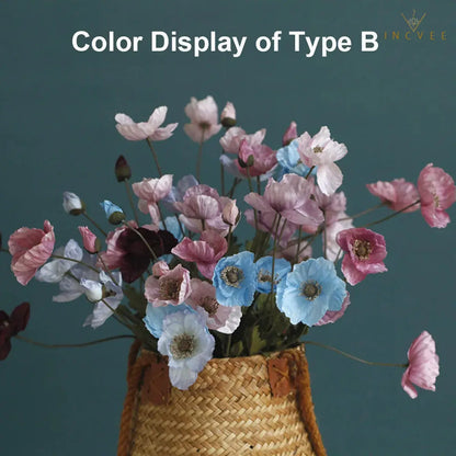 Velvet-Flocked Faux Poppy - 4-Branch Realistic Silk Blooms, Bendable Stem, 56cm, 24 Colors