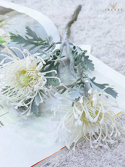 Vintage Faux Dried Artificial Pincushion Flower - Short Branch Crab Claw,  Flocked Frost, 2 Heads, 15in