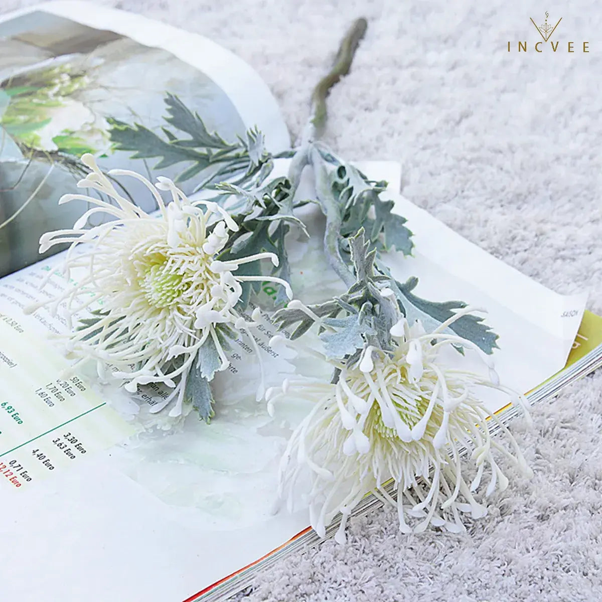 Vintage Faux Dried Artificial Pincushion Flower - Short Branch Crab Claw,  Flocked Frost, 2 Heads, 15in