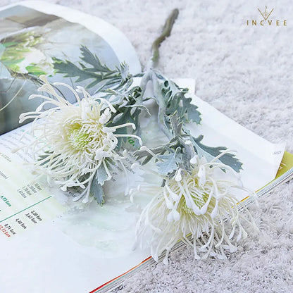 Vintage Faux Dried Artificial Pincushion Flower - Short Branch Crab Claw,  Flocked Frost, 2 Heads, 15in