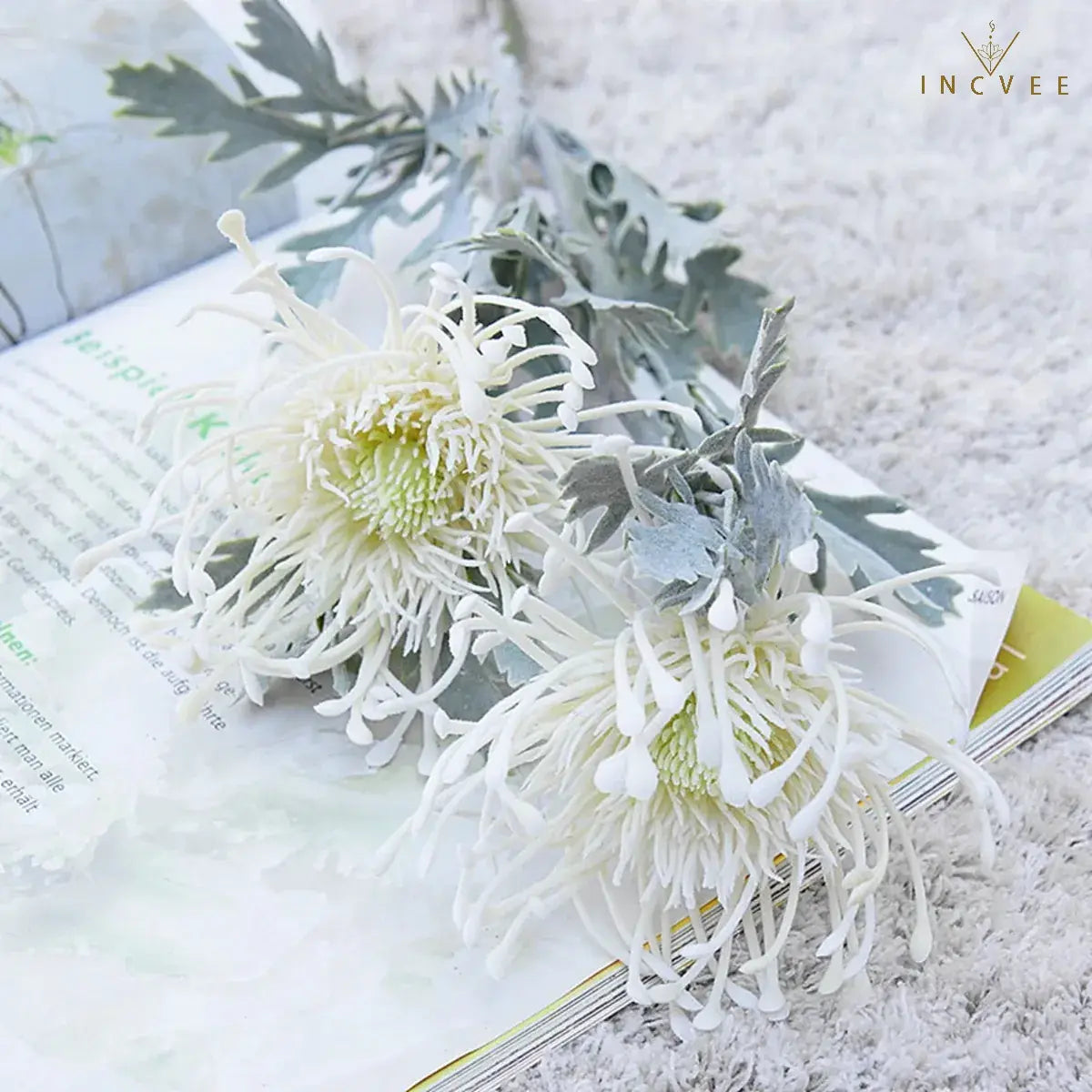 Vintage Faux Dried Artificial Pincushion Flower - Short Branch Crab Claw,  Flocked Frost, 2 Heads, 15in