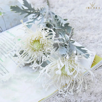 Vintage Faux Dried Artificial Pincushion Flower - Short Branch Crab Claw,  Flocked Frost, 2 Heads, 15in