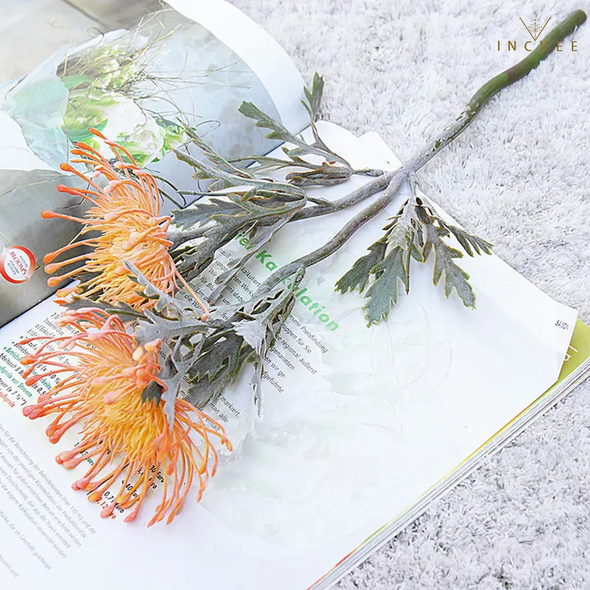 Vintage Faux Dried Artificial Pincushion Flower - Short Branch Crab Claw,  Flocked Frost, 2 Heads, 15in